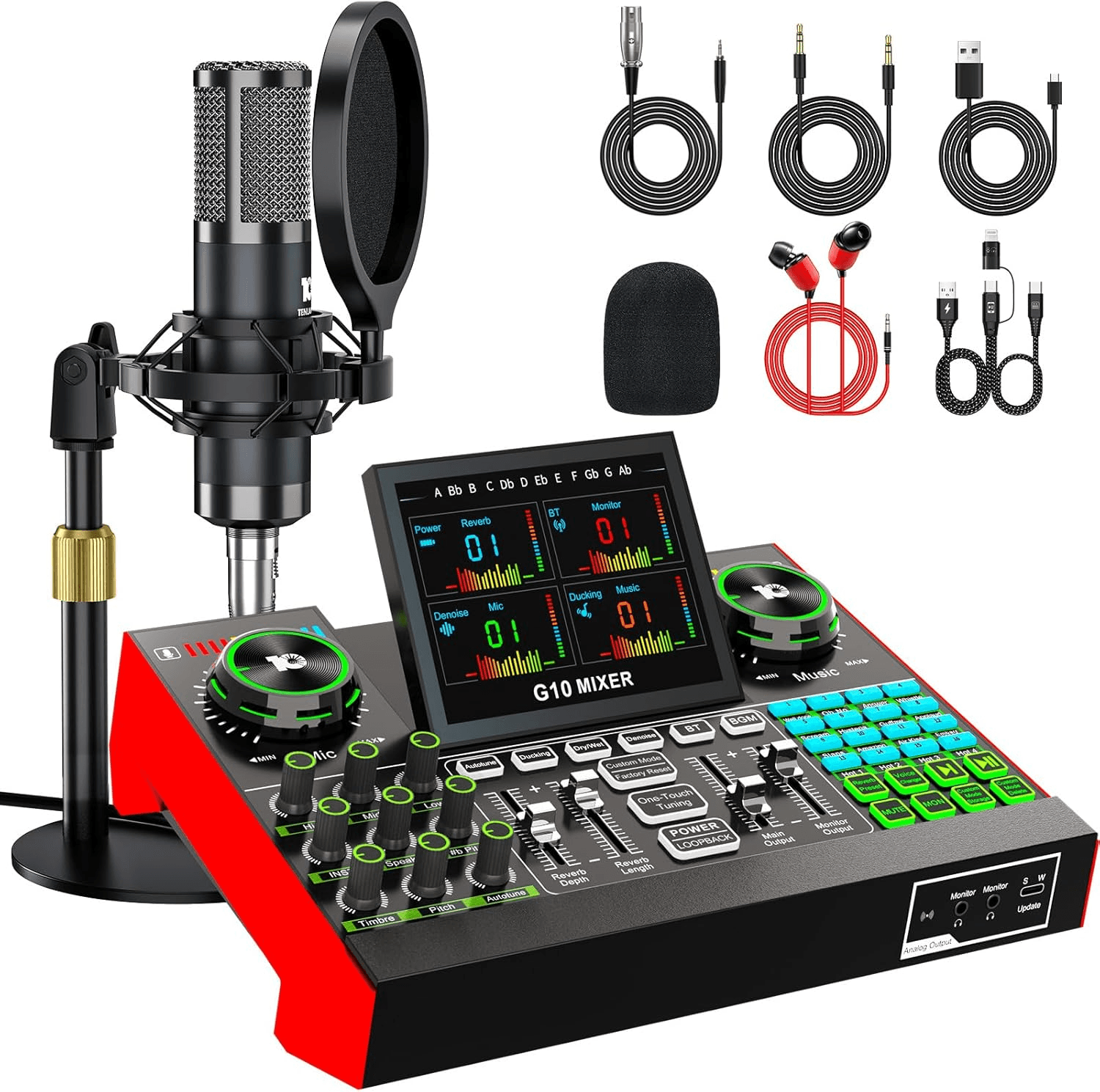 Kit Podcast et Streaming tenlamp G10-P15 – Table de Mixage avec Microphone à Condensateur et Bras Articulé