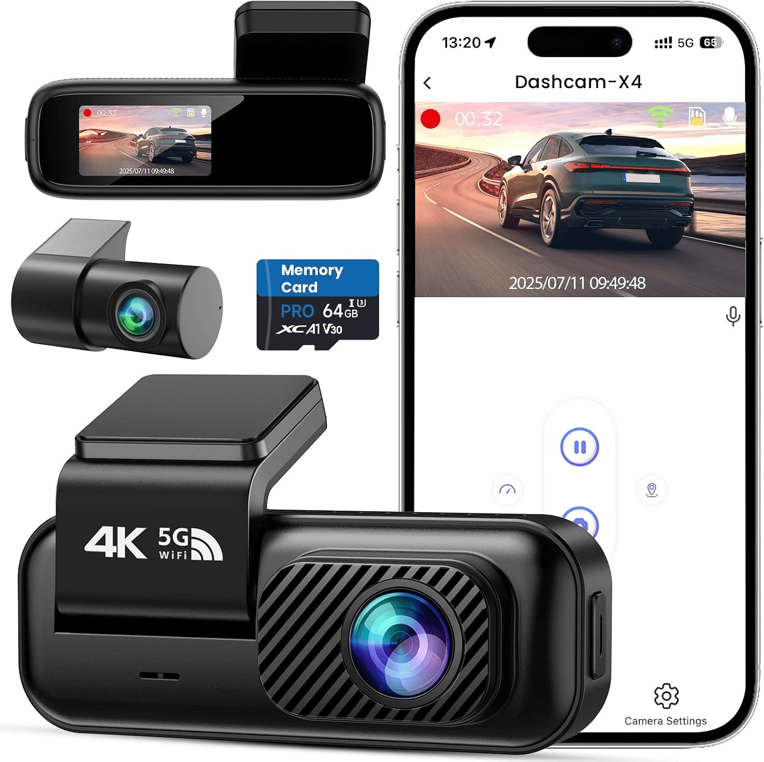 Dashcam Voiture Avant et Arrière DEALAZOT X401 – 4K+1080P avec Wi-Fi 5GHz
